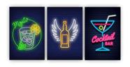 Kit 3 quadros decorativo bebidas neon conjunto bar mdf a4