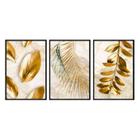 Kit 3 quadros decorativos 60x80cm canvas natureza dourada folhas ouro flnt051