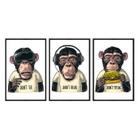 Kit 3 quadros decorativos 60x80cm vidro dont see, dont hear, dont speak - monkeys - colorido anm002