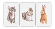 Kit 3 quadros decorativos animais fofos gato coelho esquilo