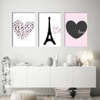 Kit 3 Quadros Decorativos Coração E Torre Eiffel Preto Rosa - Pronta Entrega