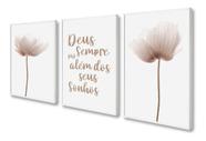 Kit 3 Quadros Decorativos Flores Rosa Para Sala Quarto Frase Deus 60x40 Vinil