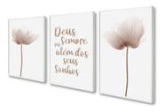 Kit 3 Quadros Decorativos Flores Rosa Para Sala Quarto Frase Deus 60x40 Vinil