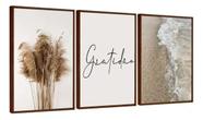 Kit 3 Quadros Decorativos Frase Folhagem Praia Gratidão Boho 60x40 Vinil