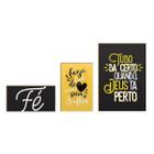 Kit 3 Quadros Decorativos Frases Deus Religioso Decoração Parede Mdf Coração Fé Amor Paz Motivação Hugart 80x40cm