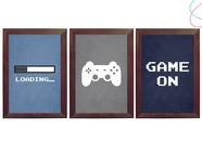 Kit 3 Quadros Decorativos Game On Video Game vidro moldura