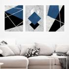 Kit 3 Quadros Decorativos Geométrico Cinza, Azul, Prata 45x34cm