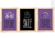 Kit 3 Quadros Decorativos - Viagem Explore Travel Smile