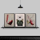 Kit 3 Quadros Decorativos Vinhos E Gato 45X34Cm - Com Vidro