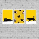 Kit 3 Quadros Gato Preto E Amarelo 24X18Cm