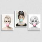 Kit 3 Quadros Marilyn, Audrey E Bridgit Chiclete 45X34 Preta