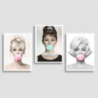 Kit 3 Quadros Marilyn, Audrey e Bridgit chiclete 45x34cm - com vidro