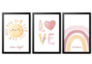 Kit 3 quadros quarto bebe decoração boho love sol arco-íris