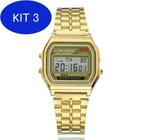 Kit 3 Relógio Wr Digital Aço Vintage Unissex Dourado Alarme Top Nf