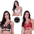 Kit 3 Sutiã de Renda Gladiador com Tiras Strappy sem Bojo - KIT 3 CECILIA PRETO BRANCO VERMELHO