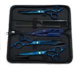 Kit 3 Tesoura Azul Fio Laser Fio Navalha Desfiadeira + Navalha + Estojo