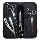 Kit 3 Tesouras Desbaste Fio Navalha Profissional Afiadas Corte Barba e Cabelo Aço Inoxidável Tamanho 6