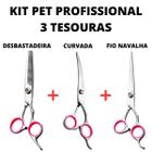 Kit 3 Tesouras P/ Petshop Fio Navalha Desfiadeira E Curvada - Daomo