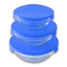 Kit 3 Tigela Vidro Bowl Funda Multiuso Com Tampa Saladeira Azul - Clink