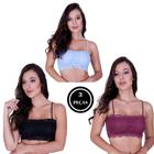 Kit 3 Top Faixa de Cropped Renda com Bojo - KIT 3 TOP MELISSA PRETO BORDO AZUL CLARO