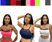 Kit 3 top tule alça fina com bojo removível feminino TB moda fitness