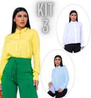 Kit 3 un Camisa Feminina Social Manga Longa Casual