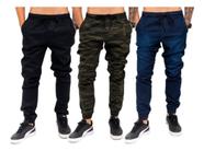 Kit 3 Unid Calça Joguer Sarja Masculina Azul Preto