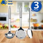 Kit 3 Utensílio de Cozinha Colher de Arroz Concha em Inox Feijão e Escumadeira em Inox Linha Premium - SQ