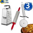 Kit 3 Utensílio Para Pizza Ralador Em Inox N8 Cortador De Pizza Em Inox E Rolo Para Abrir Massa - SQ