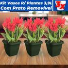 Kit 3 Vasos Para Plantas C/ Prato Quadrado 3,9L Decorativo Casa Jardim