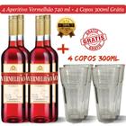 Kit 4 Aperitivo Bitter Vermelhão 740ml com 4 Copos 300ml