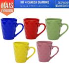 Kit 4 Caneca Cerâmica 270ml Diamond Colorida Com Alça Café Chá Leite