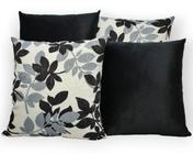 Kit 4 Capas de Almofada Decorativas Jacquard e Suede 45cm x 45cm com Zíper Folhas Cinza e Preto com Preto