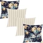 Kit 4 Capas de Almofadas Composê Floral Azul Marinho com Listrado Cinza 45xc45cm