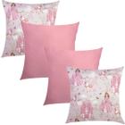 Kit 4 Capas de Almofadas Composê Princesas e Cetim Rosa 45cmx45cm