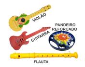 Kit 4 Instrumentos Musical Violão Pandeiro Flauta Guitarra Infantil Brinquedo Banda