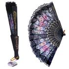 Kit 4 Leques Japonês Oriental Preto Tecido Floral Com Renda