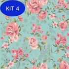 Kit 4 Papel De Parede Floral Rosa Fundo Verde Com Laminação