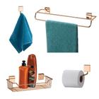 Kit 4 Pçs Toalheiro + Cabide + Suporte Shampoo + Papeleira Banheiro Rosé Gold - Future