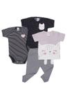 Kit 4 peças camiseta e body manga curta e calça Best Club Baby rosa, cinza e preto com bordado de flor