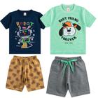 Kit 4 Peças de Menino Infantil de Verão Calor com 2 Bermudas e 2 Camisetas de Algodão