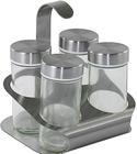 Kit 4 Porta Temperos Recipientes E Suporte Aço Inox E Vidro