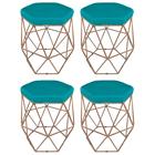 Kit 4 puff decorativos para sala hexagonal aramado base bronze suede azul turquesa - clique e decore - CLIQUE & DECORE