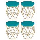 Kit 4 puff decorativos para sala hexagonal aramado base dourada suede azul turquesa - clique e decore - CLIQUE & DECORE