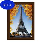 Kit 4 Quadro Foto Paris Torre Eiffel e Flores Moldura Marrom
