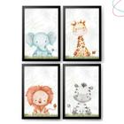 Kit 4 Quadros Decorativos Safari Aquarela Baby moldura vidro