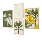 Kit 4 Quadros Decorativos Verde Folhagens Frutas Tropical