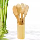 Kit 4 talheres de bambu com suporte para cozinha classica