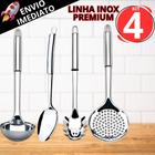 Kit 4 Utensílio de Cozinha Inox Premium Escumadeira Concha Colher de Arroz e Pegador de Massas