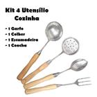 Kit 4 Utensílios Cozinha Garfo Colher Escumadeira e Concha 28cm